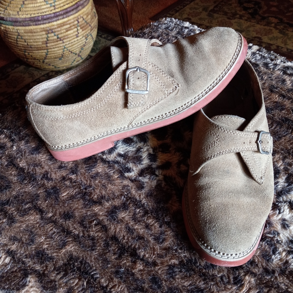 Beige Suede Buckle Loafers